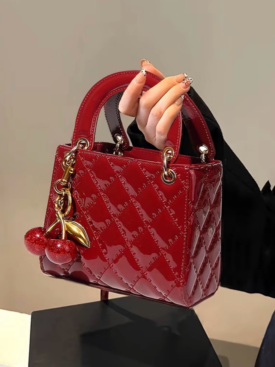 The Unbranded Brand Handbags - Glossy Red Patent Quilted Mini Tote with Cherry Charm